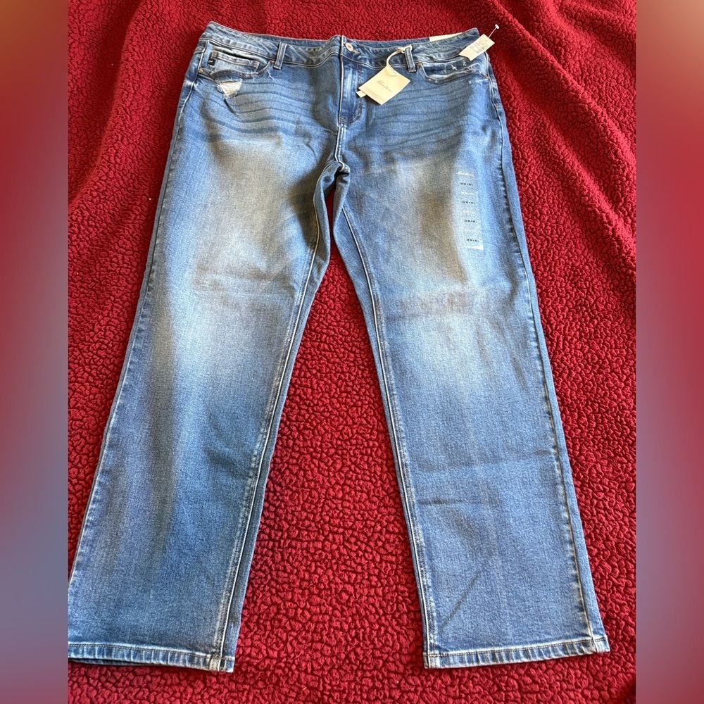 Kancan mid rise straight leg medium wash distressed jeans pants 22x30 plus size - Picture 2 of 8